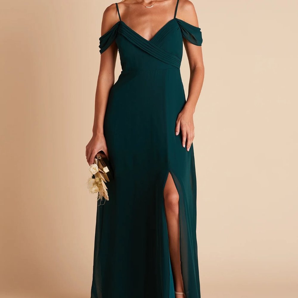Birdy Grey chiffon emerald Off-Shoulder Evening Gown with Thigh Slit